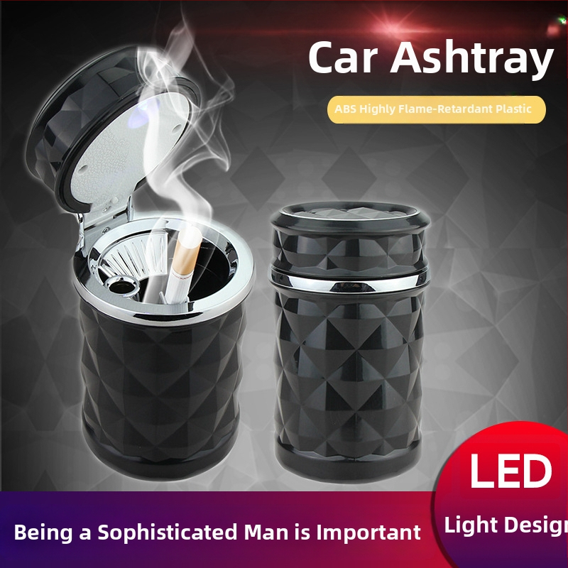 Automobilový popolník s diamantovým fasetovým dizajnom, LED osvetlením, výklopným krytom, uchytenie na ventilačnom otvoru s držiakom