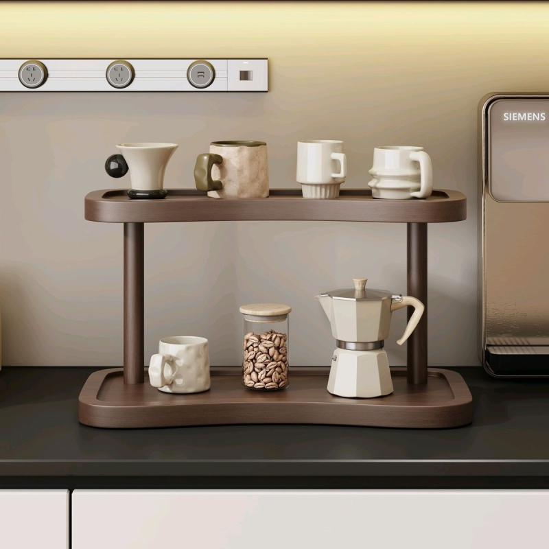 Držiak na poháre a úložný regál - 2 poschodia, stolný organizér na poháre a sadu čajov, Nan Bamboo, jednoduchý moderný štýl, viacúčelový