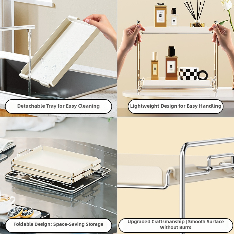 Stolový regál na kozmetiku a poháre, skladací, dvojposchodový, z uhlíkovej ocele