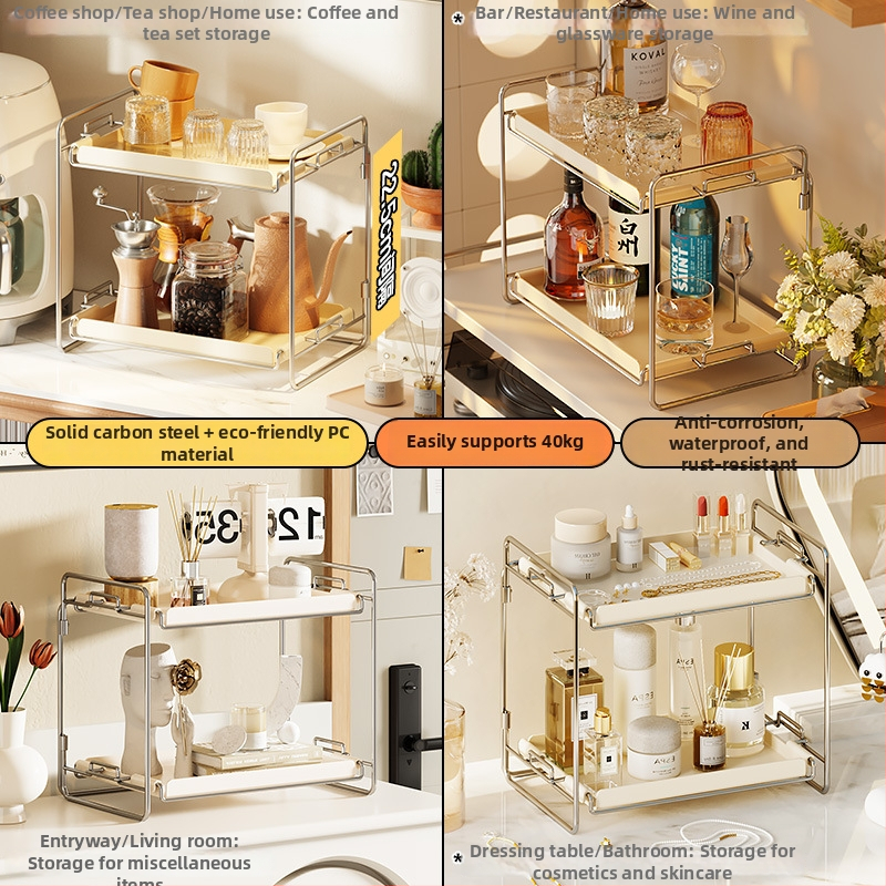 Stolový regál na kozmetiku a poháre, skladací, dvojposchodový, z uhlíkovej ocele