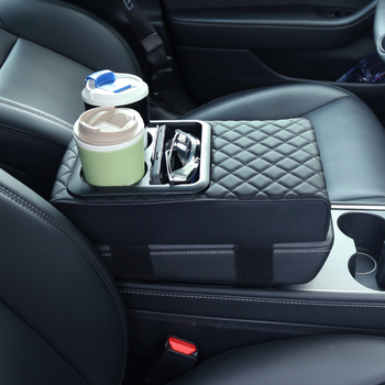 Ādas automašīnas elkoņa atbalsta līdzeklis ar krūzes turētāju un uzglabāšanas nodalījumu, universāls, zīmols sumu