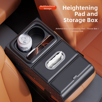 Ādas auto rokasbalsta organizētājs – daudzfunkcionāls uzglabāšanas nodalījums ar salvetes kastīti, krūžu turētāju un tālruņa stiprinājumu (universālais stiprinājums)