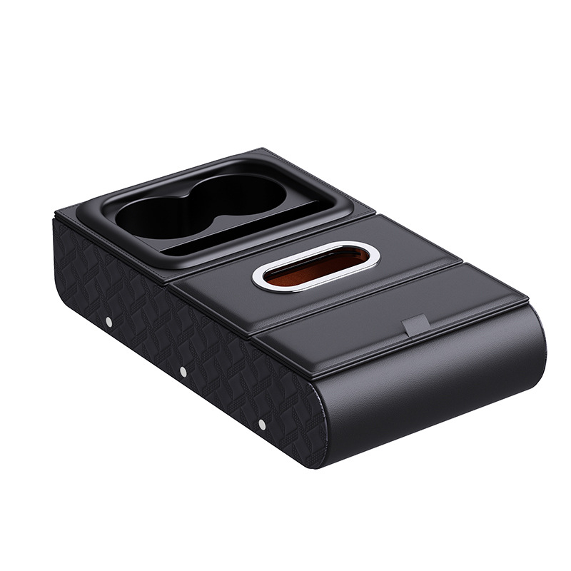 Ādas auto rokasbalsta organizētājs – daudzfunkcionāls uzglabāšanas nodalījums ar salvetes kastīti, krūžu turētāju un tālruņa stiprinājumu (universālais stiprinājums)