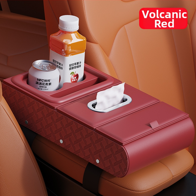 Ādas auto rokasbalsta organizētājs – daudzfunkcionāls uzglabāšanas nodalījums ar salvetes kastīti, krūžu turētāju un tālruņa stiprinājumu (universālais stiprinājums)