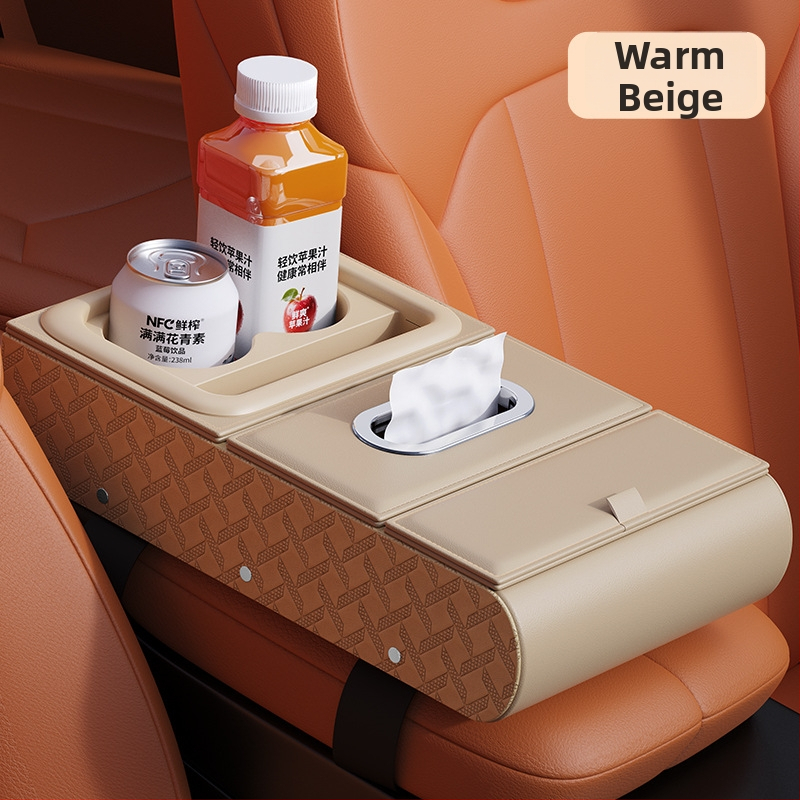 Ādas auto rokasbalsta organizētājs – daudzfunkcionāls uzglabāšanas nodalījums ar salvetes kastīti, krūžu turētāju un tālruņa stiprinājumu (universālais stiprinājums)