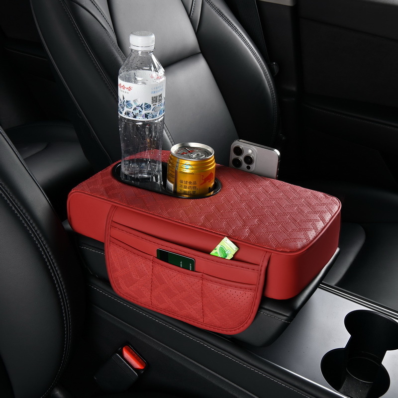 Ādas universālais automašīnas elkoņa balsts ar pudeles turētāju un uzglabāšanas somu, palielināts elkoņa atbalsts, modelis 03, svars 350 g, preces kods R2502