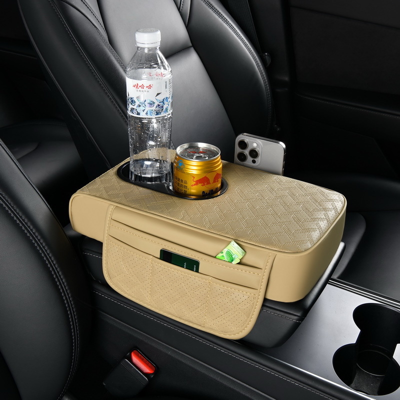 Ādas universālais automašīnas elkoņa balsts ar pudeles turētāju un uzglabāšanas somu, palielināts elkoņa atbalsts, modelis 03, svars 350 g, preces kods R2502