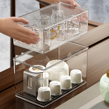 Škatuľka na skladovanie šálok na čaj so snímateľným vekom – prachotesný stolný organizér na čajovú súpravu, PET plast, viacúrovňové, kapacita 0.9-5.3 L