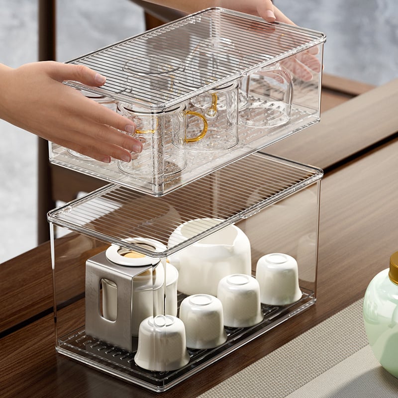 Škatuľka na skladovanie šálok na čaj so snímateľným vekom – prachotesný stolný organizér na čajovú súpravu, PET plast, viacúrovňové, kapacita 0.9-5.3 L