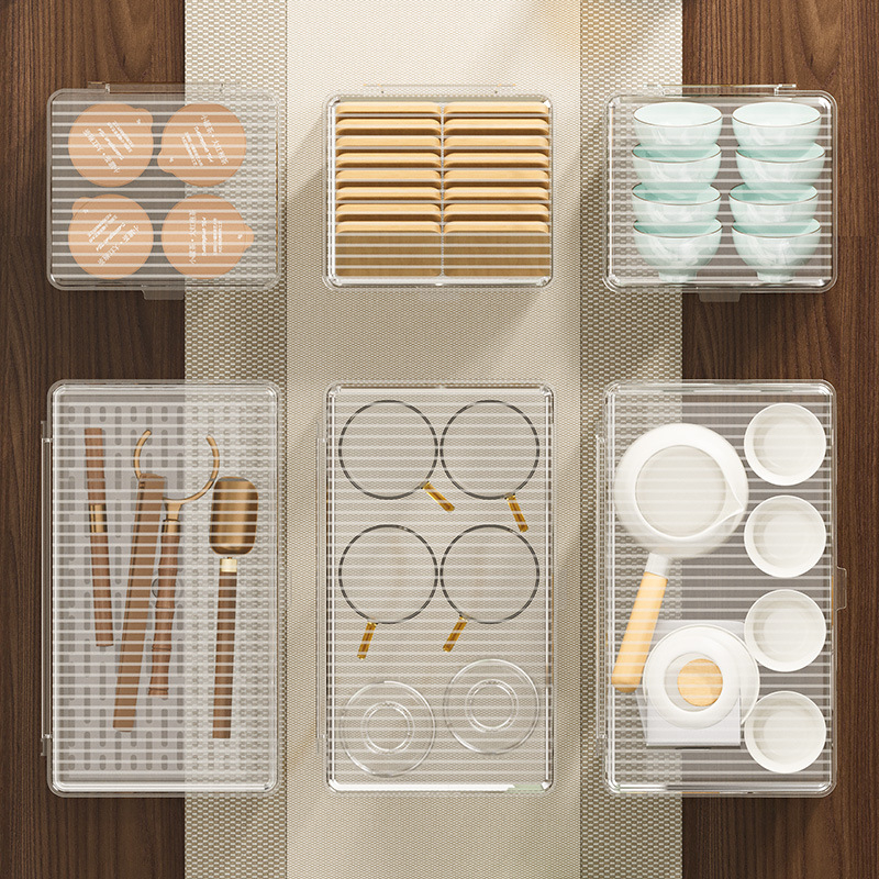 Škatuľka na skladovanie šálok na čaj so snímateľným vekom – prachotesný stolný organizér na čajovú súpravu, PET plast, viacúrovňové, kapacita 0.9-5.3 L