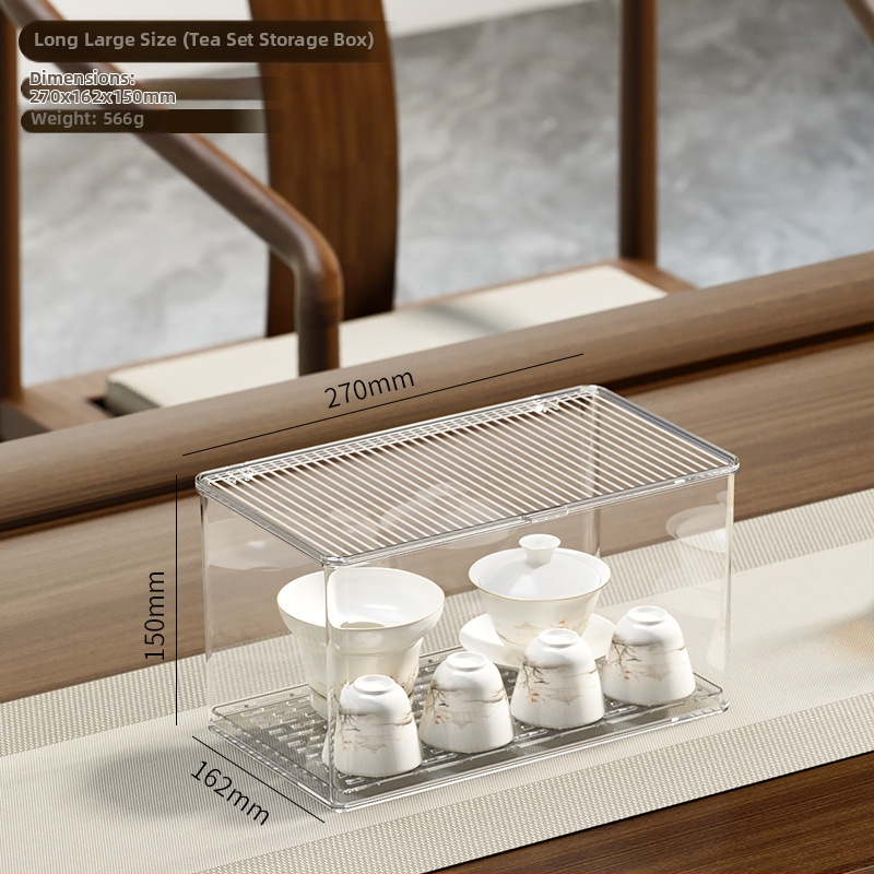 Škatuľka na skladovanie šálok na čaj so snímateľným vekom – prachotesný stolný organizér na čajovú súpravu, PET plast, viacúrovňové, kapacita 0.9-5.3 L