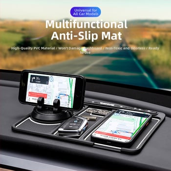 Automobilinis priešslydint kilimėlis 4-in-1 su telefono laikikliu, prietaisų skydelio ir vairo laikikliais, laikymo skyrius, PVC medžiaga