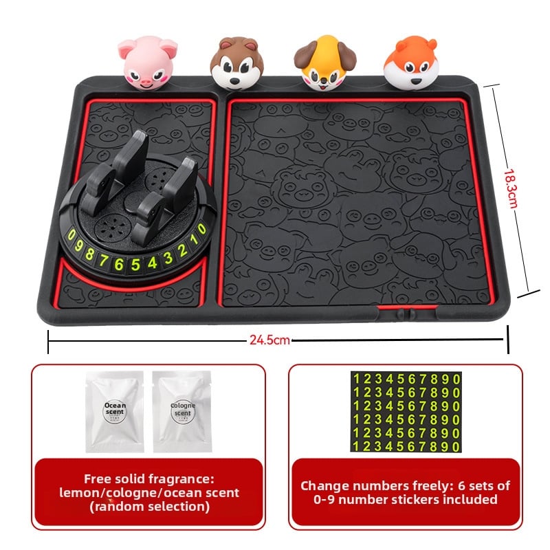 Automobilinis priešslydint kilimėlis 4-in-1 su telefono laikikliu, prietaisų skydelio ir vairo laikikliais, laikymo skyrius, PVC medžiaga