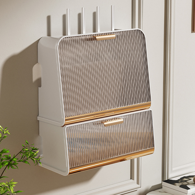 Box na ukladanie smerovača s viečkom, 5 priehradkami, na stenu, prachotesný plastový organizér pre káble a set-top box