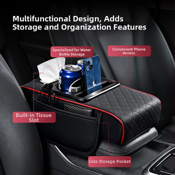 Universāla ādas auto roku balsts ar pacēlumu un četrām funkcijām: uzglabāšanas kabatiņa, salvetēm nodalījums, centrālais krūžu turētājs; svars 450 g