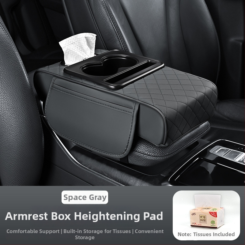 Universāla ādas auto roku balsts ar pacēlumu un četrām funkcijām: uzglabāšanas kabatiņa, salvetēm nodalījums, centrālais krūžu turētājs; svars 450 g