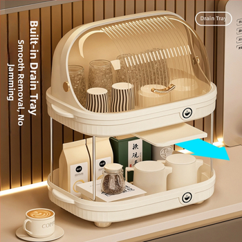 Dviejų sluoksnių puodelių laikymo stovas su dangčiu, atsparus dulkėms, iš plastiko, surenkamas, tinkamas virtuvei ar stalui