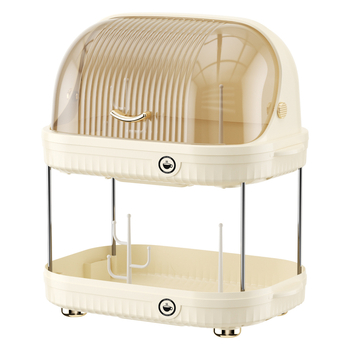 Dviejų sluoksnių puodelių laikymo stovas su dangčiu, atsparus dulkėms, iš plastiko, surenkamas, tinkamas virtuvei ar stalui