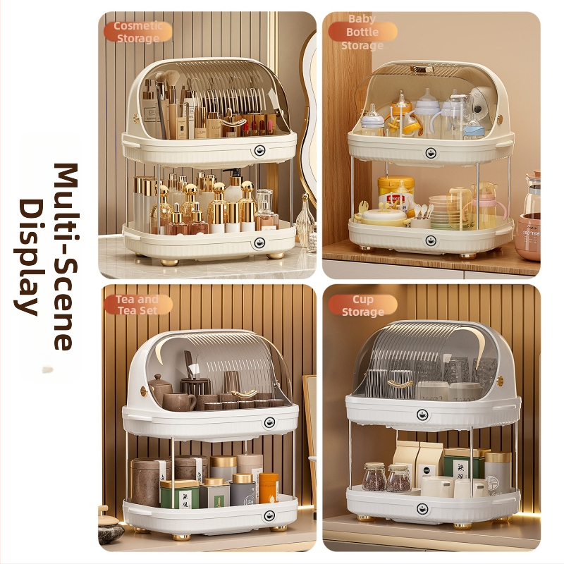 Dviejų sluoksnių puodelių laikymo stovas su dangčiu, atsparus dulkėms, iš plastiko, surenkamas, tinkamas virtuvei ar stalui