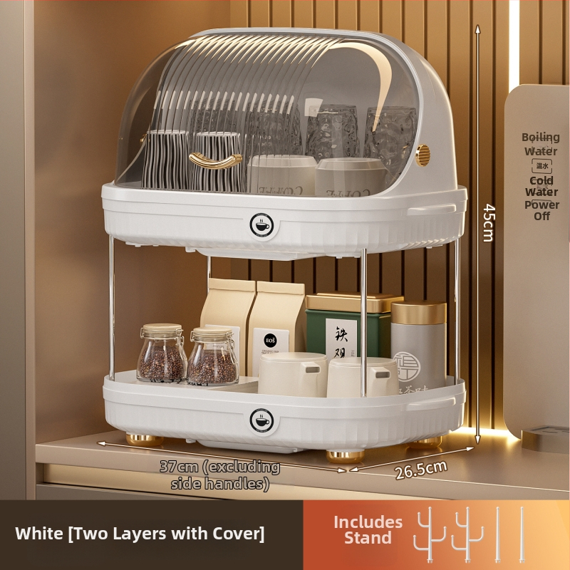 Dviejų sluoksnių puodelių laikymo stovas su dangčiu, atsparus dulkėms, iš plastiko, surenkamas, tinkamas virtuvei ar stalui