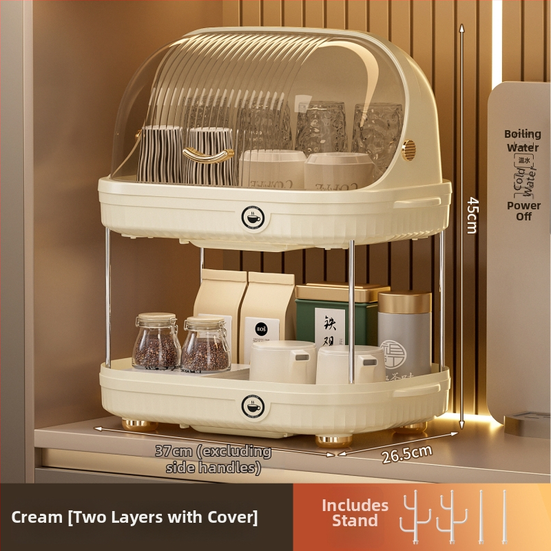 Dviejų sluoksnių puodelių laikymo stovas su dangčiu, atsparus dulkėms, iš plastiko, surenkamas, tinkamas virtuvei ar stalui