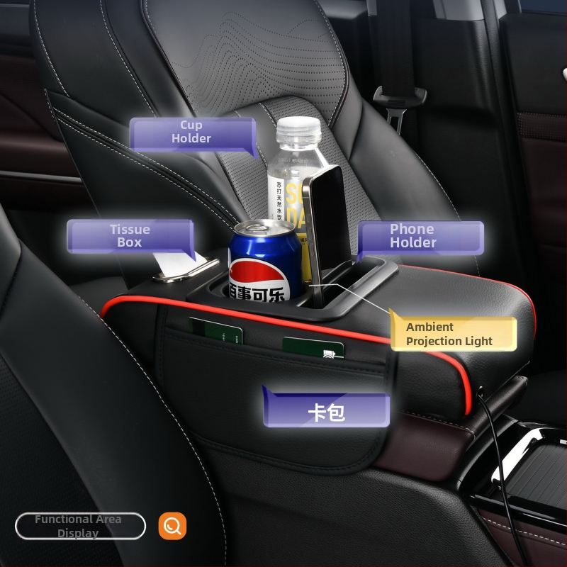 Daudzfunkcionāla automašīnas rokas balsta kaste ar paceltu zvaigžņu debesu augšdaļu, vienkāršota versija ar pudeles turētāju, salvetēm un telefona kabatu. Piemērots visiem transportlīdzekļu veidiem. Materiāls: āda; Modeļa numurs: Starry Sky Top Simplified 