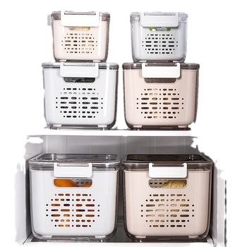 Plastová úložná krabica do chladničky s dvojúrovňovým odtokovým košom a poklopom na umývanie ovocia a zeleniny (japonský štýl)