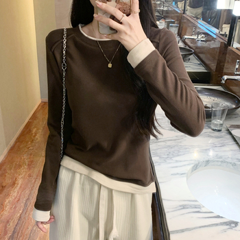 Dámske dlhé rukávy tričko s panelmi v kontraste (bavlna-elastan zmes, štíhla silueta, okrúhly výstrih)