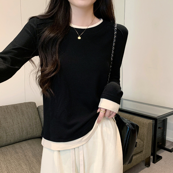 Dámske dlhé rukávy tričko s panelmi v kontraste (bavlna-elastan zmes, štíhla silueta, okrúhly výstrih)