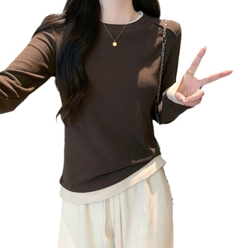 Dámske dlhé rukávy tričko s panelmi v kontraste (bavlna-elastan zmes, štíhla silueta, okrúhly výstrih)