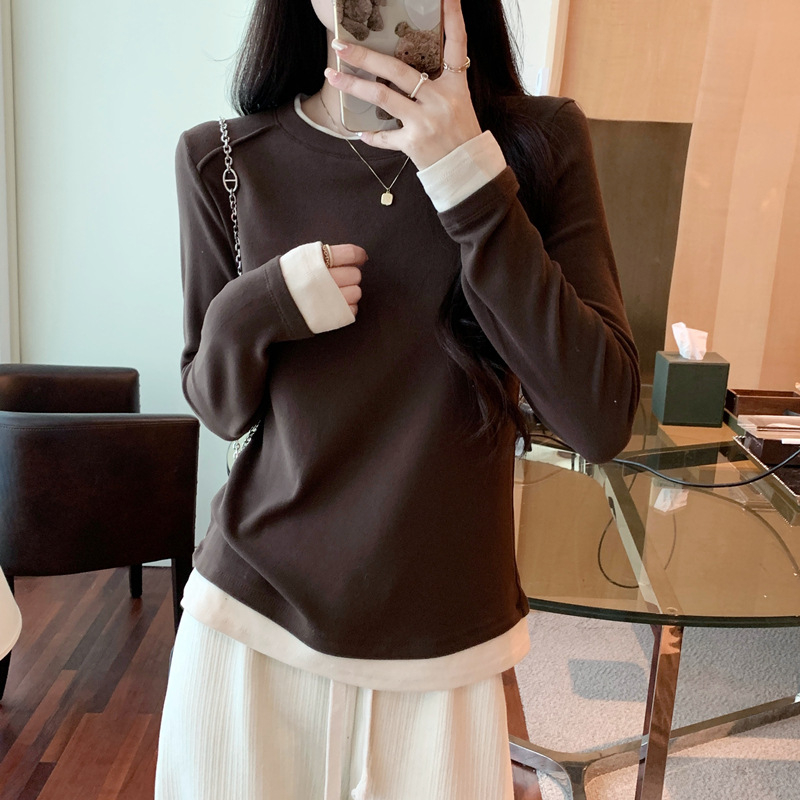 Dámske dlhé rukávy tričko s panelmi v kontraste (bavlna-elastan zmes, štíhla silueta, okrúhly výstrih)