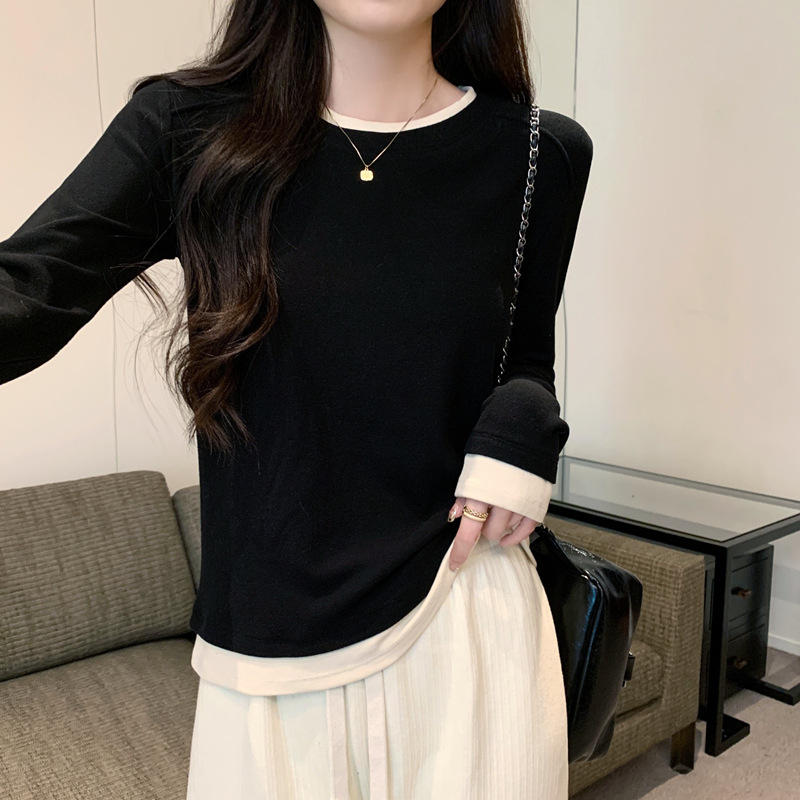 Dámske dlhé rukávy tričko s panelmi v kontraste (bavlna-elastan zmes, štíhla silueta, okrúhly výstrih)