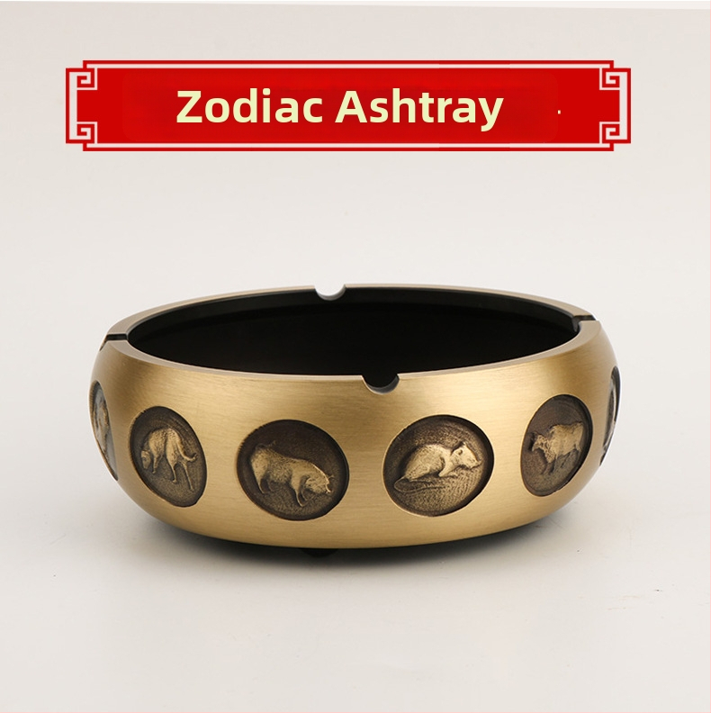 Meďový popolník so zodiálnym dizajnom, východný štýl, na domáce alebo kancelárske použitie