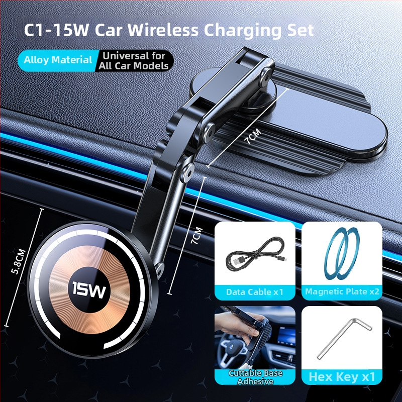 Držiak do auta na telefón s magnetickým uchytením, lepiaca základňa prispôsobiteľná pre palubnú dosku, kovová konštrukcia, 15W nabíjanie