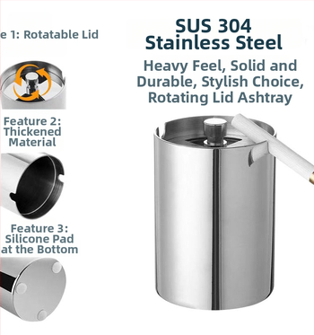 Popolník z hrubšej nerezovej ocele s otáčacím vekom, vhodný pre domáce aj auto použitie; brúsený povrch; možnosť prispôsobenia