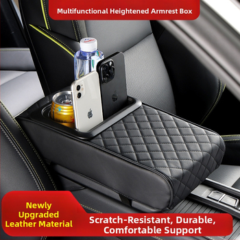 Ādas universālais auto rokasbalsts ar uzglabāšanas kastīti un krūzes turētāju — bez personalizācijas, autorizētas privātas zīmes