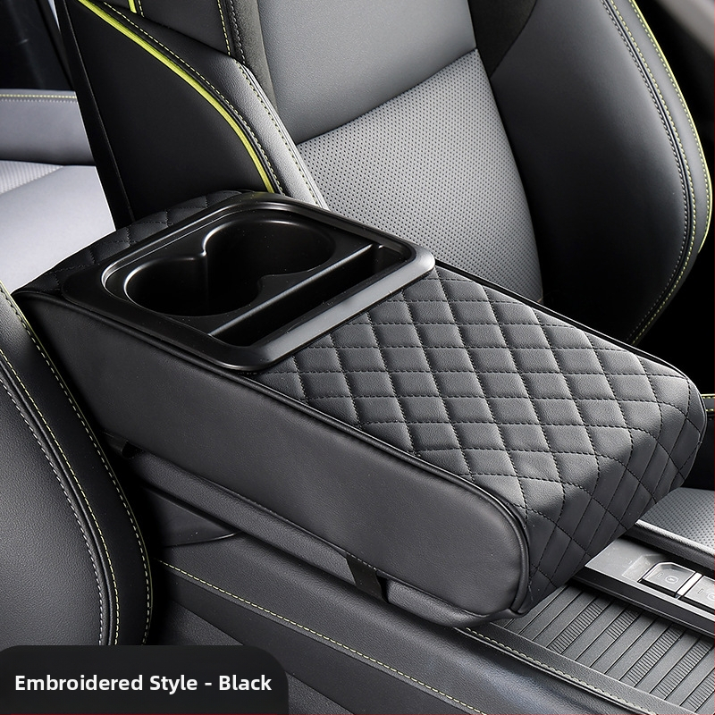 Ādas universālais auto rokasbalsts ar uzglabāšanas kastīti un krūzes turētāju — bez personalizācijas, autorizētas privātas zīmes