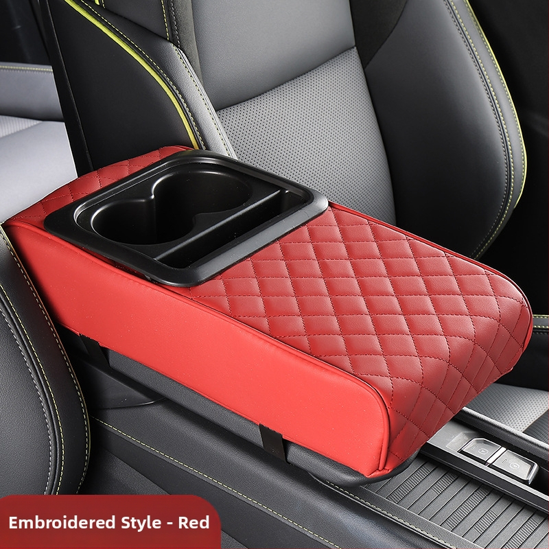 Ādas universālais auto rokasbalsts ar uzglabāšanas kastīti un krūzes turētāju — bez personalizācijas, autorizētas privātas zīmes