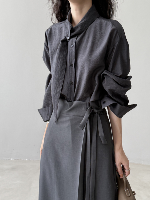 Košeľa s golierom vo francúzskom štýle a šálovým golierom, dlhé rukávy, lyocell-vlnená zmes, jednofarebná