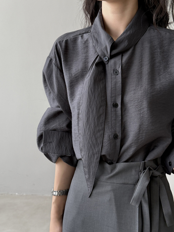 Košeľa s golierom vo francúzskom štýle a šálovým golierom, dlhé rukávy, lyocell-vlnená zmes, jednofarebná