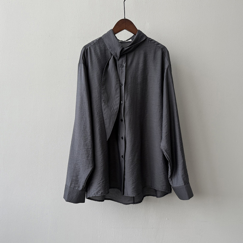 Košeľa s golierom vo francúzskom štýle a šálovým golierom, dlhé rukávy, lyocell-vlnená zmes, jednofarebná