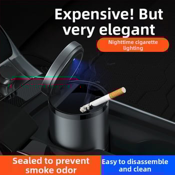 Chytrý automobilový popolník s vekom a svetlom, kovový, model YHG-1, gravírovaný povrch, prispôsobiteľný, na použitie v aute aj doma