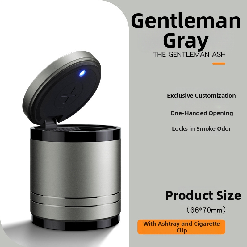 Chytrý automobilový popolník s vekom a svetlom, kovový, model YHG-1, gravírovaný povrch, prispôsobiteľný, na použitie v aute aj doma