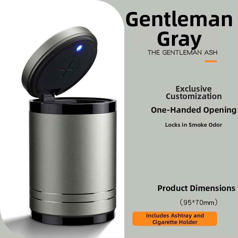 Chytrý automobilový popolník s vekom a svetlom, kovový, model YHG-1, gravírovaný povrch, prispôsobiteľný, na použitie v aute aj doma