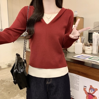 Dámsky kapucňový pletený top s kapucňou, patchwork dizajn splicing, viskózne vlákno, jednobarevný vzor, voľný strih