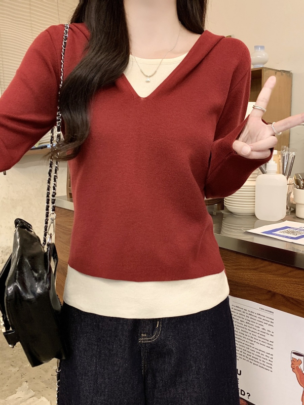 Dámsky kapucňový pletený top s kapucňou, patchwork dizajn splicing, viskózne vlákno, jednobarevný vzor, voľný strih