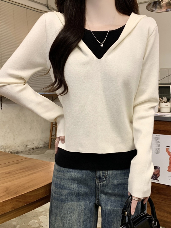 Dámsky kapucňový pletený top s kapucňou, patchwork dizajn splicing, viskózne vlákno, jednobarevný vzor, voľný strih