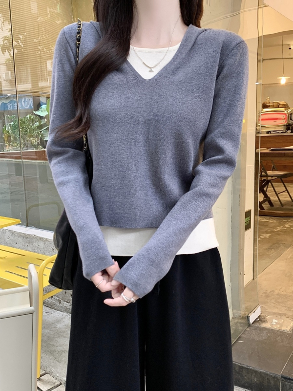 Dámsky kapucňový pletený top s kapucňou, patchwork dizajn splicing, viskózne vlákno, jednobarevný vzor, voľný strih