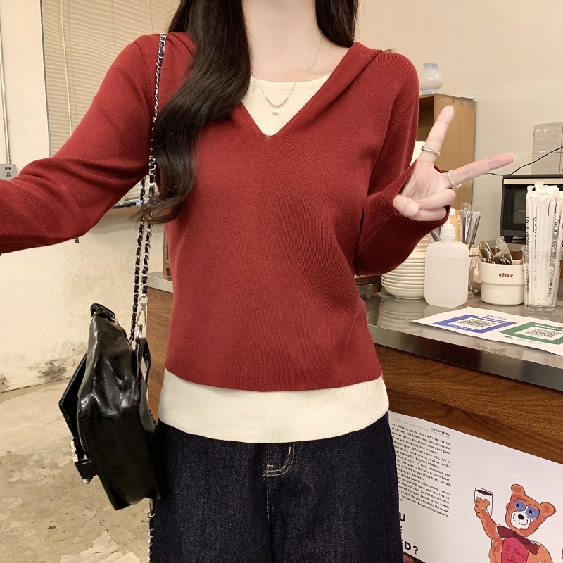 Dámsky kapucňový pletený top s kapucňou, patchwork dizajn splicing, viskózne vlákno, jednobarevný vzor, voľný strih