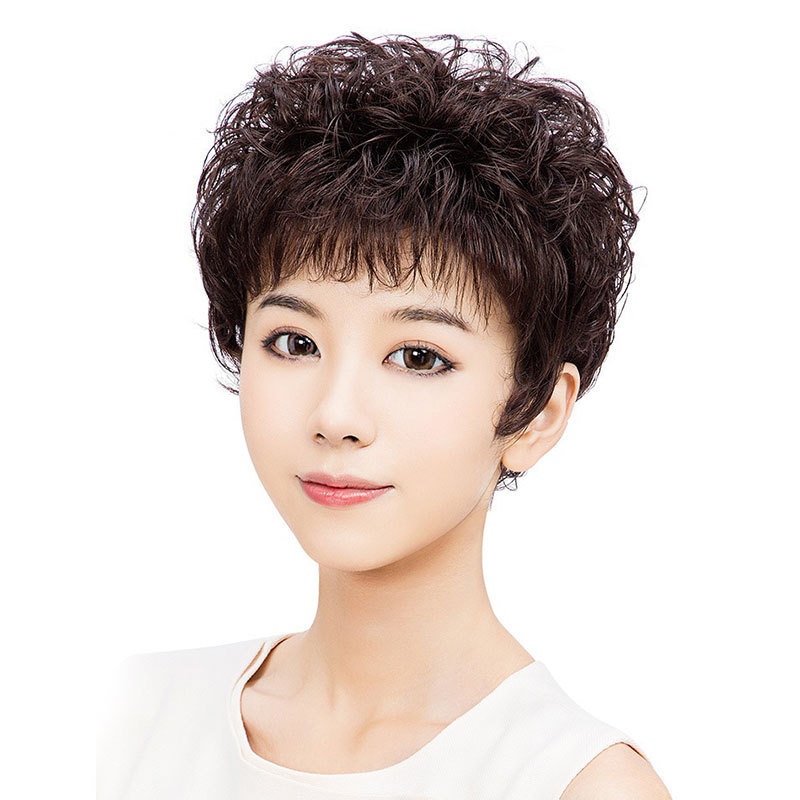 Parochňa z pravých ľudských vlasov pre ženy, úplné prekrytie hlavy, krátke kučeravé vlasy, model J03, farbiť sa dá